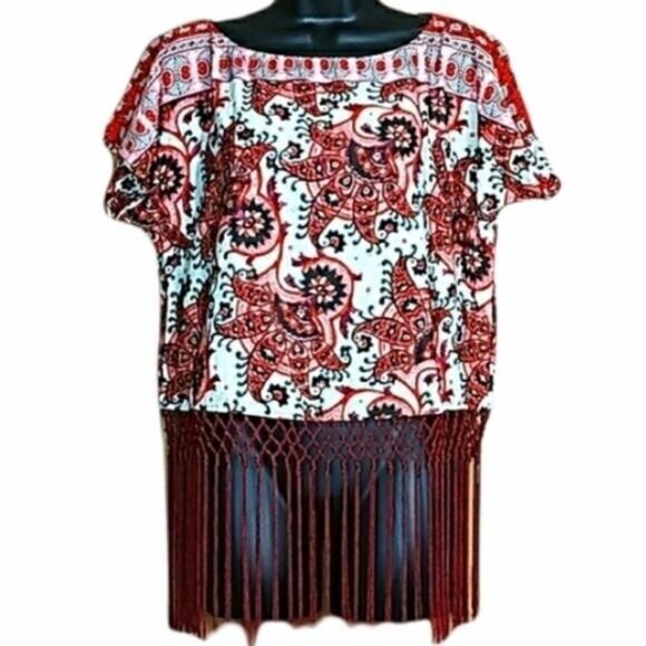 Michael Kors Swim Cover Womens Sz S Red Boho Round Neck Vacation Tassel Beach - Picture 2 of 8